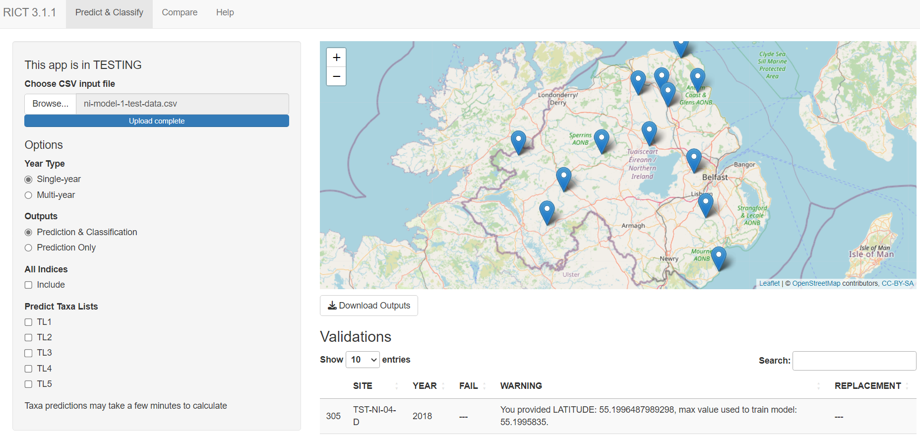 Example of options, map, download section of the RICT website.